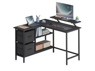 Bureau en forme de l avec 2 tiroirs spacieux, avec support pour écran, d'angle, d'ordinateur avec étagère réglable, pour bureau, noir