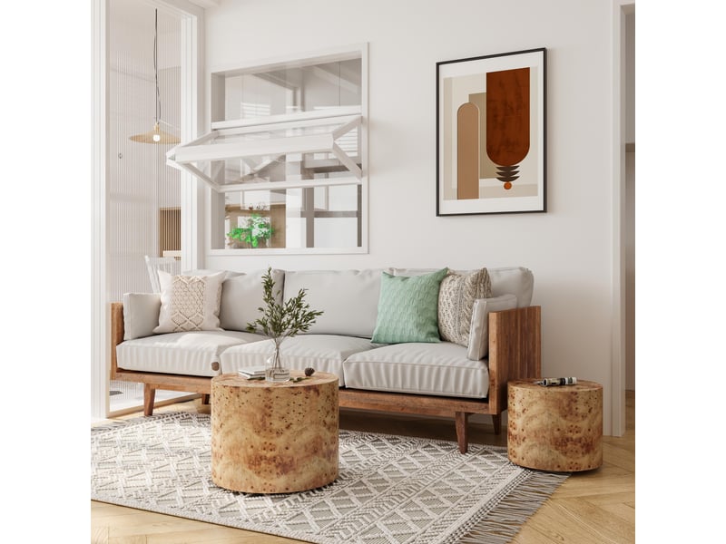  Lot de 2 tables basses gigognes - ø48x38cm et ø38x32cm - tables rondes tambour en bois motif loupe salon - naturel  - Conforama C