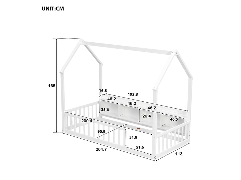  Lit cabane enfant 90 × 200 cm en bois de pin avec barrières de sécurité, étagères de rangement intégrées et cadre maison - blanc  - Conforama C