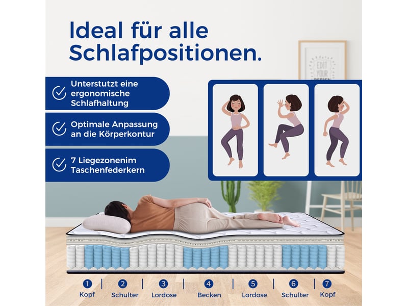  Matelas à ressorts ensachés 7 zones h3 avec mousse à mémoire de forme et housse en lyocell blanc et gris 90 × 200 cm  - Conforama C