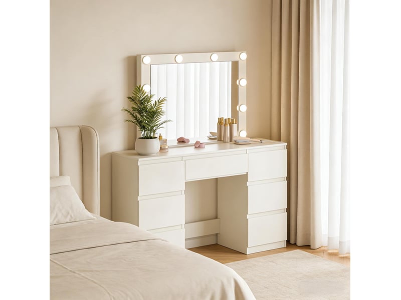  Table de maquillage 110x39,5x140,5 cm avec miroir led et prises bois blanc  - Conforama C