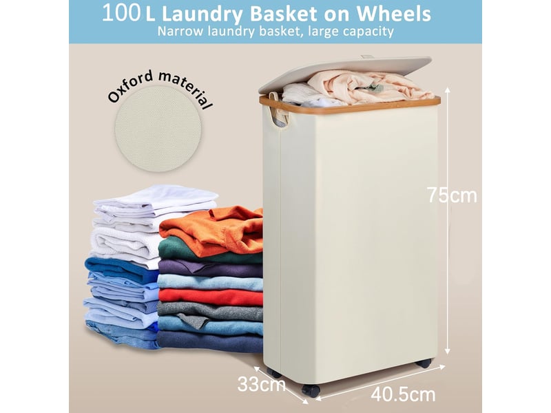  Panier à linge sur roulettes, panier à linge en forme de l avec couvercle, pliable, avec poignées en bambou et doublures amovibles pour chambre et sal - beige  - Conforama E