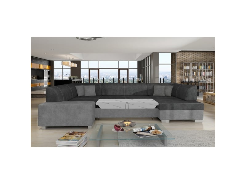  Canapé panoramique en u gris béton convertible 6 places havane mécanisme dauphin  - Conforama C