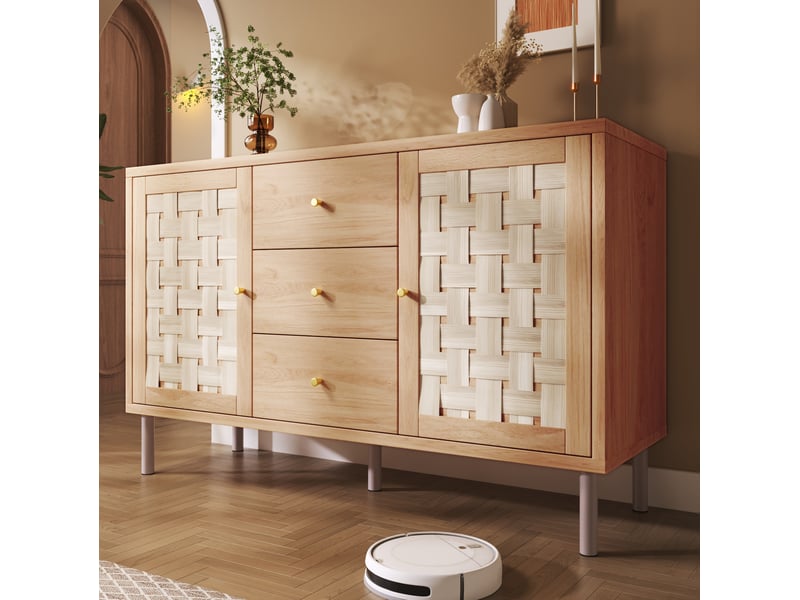  Buffet et enfilade avec 2 portes, 3 tiroirs et étagères réglables pour salon, bois et métal, chêne, 120 × 40 × 75 cm  - Conforama C