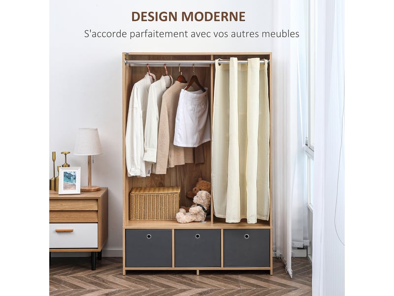  Armoire penderie avec rideau et 3 tiroirs en tissu 105 x 48 x 160 cm  - Conforama D