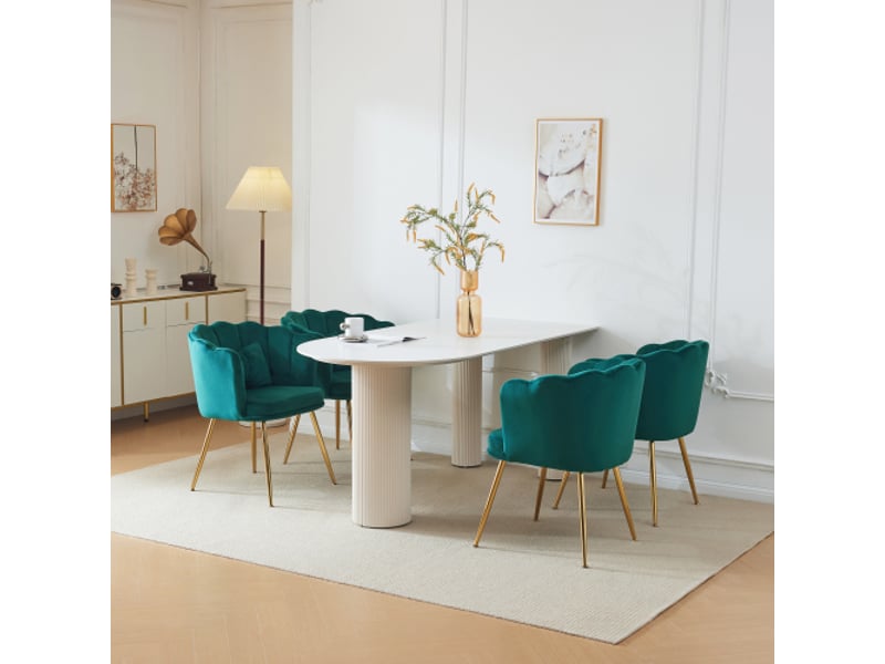 Lot de 4 chaises de salon, chaise rembourrée avec dossier en pétale, pieds en métal plaqué or et coussin papillon, vert, en velours - Conforama C