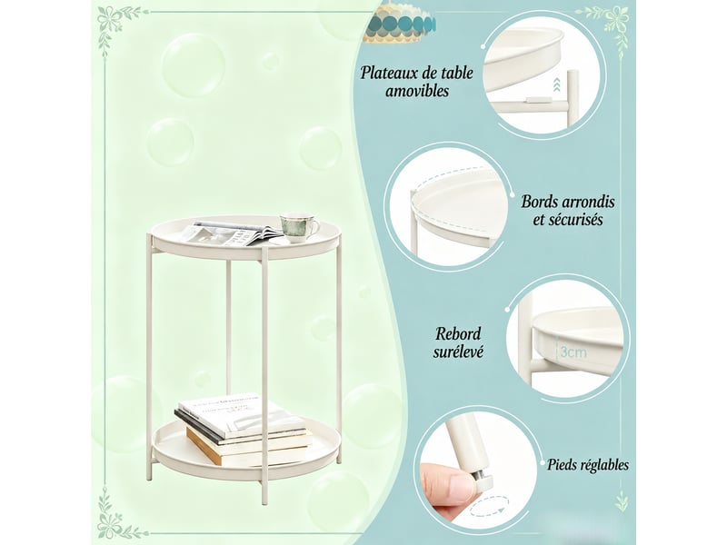  Table d'appoint ronde en métal avec deux plateaux amovibles, ø 44 cm, couleur blanc crème, idéal pour les petits espaces.  - Conforama R
