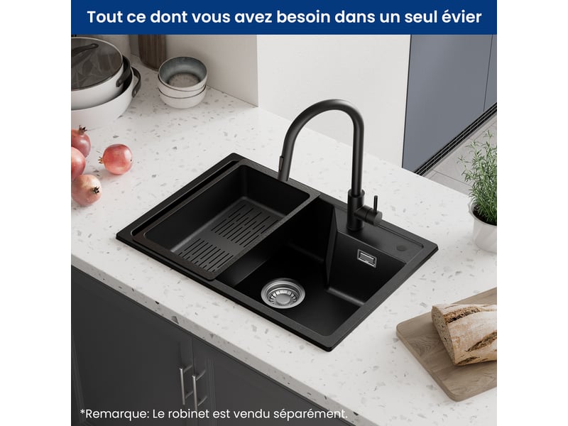  Cecipa max évier en granit 65x45 cm - évier de cuisine noir - avec système d’évacuation et panier égouttoir  - Conforama B