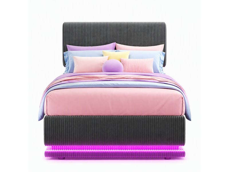  Lit coffre 90x200 cm, led, velours côtelé, finition gris foncé, tête réglable 3 positions, espace de stockage caché  - Conforama A