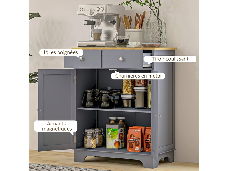  Meuble de rangement buffet salon avec placards, 68x40,3x85cm, 2 tiroirs et étagères réglables, gris et bois naturel  - Conforama W