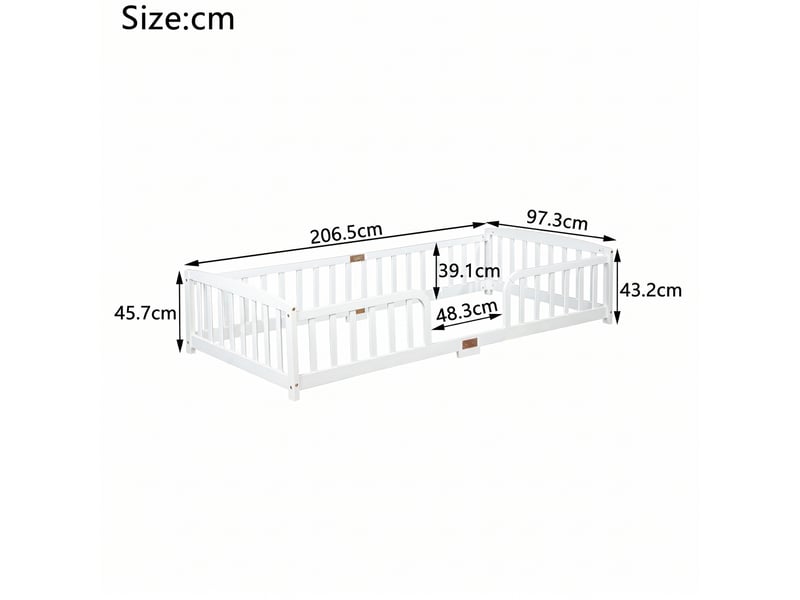  Lit bas enfant simple 90×200 cm avec barrière et entrée centrale - okmyhome- pin blanc, sans matelas  - Conforama D