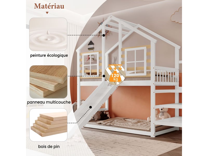  Lit superpose cabane90x200- avec escaliers et toboggans sécurité  - lit superposé - barrière sécurité - protection antichute - blanc  - Conforama D