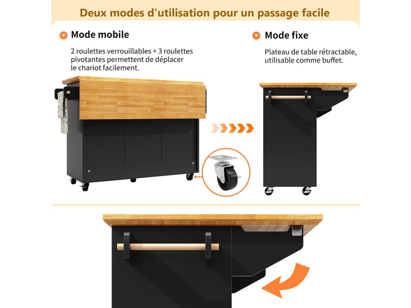 Desserte de cuisine avec 2 portes, 5 tiroirs, étagères réglables, plateau rabattable, roulettes et porte-serviettes - Conforama E