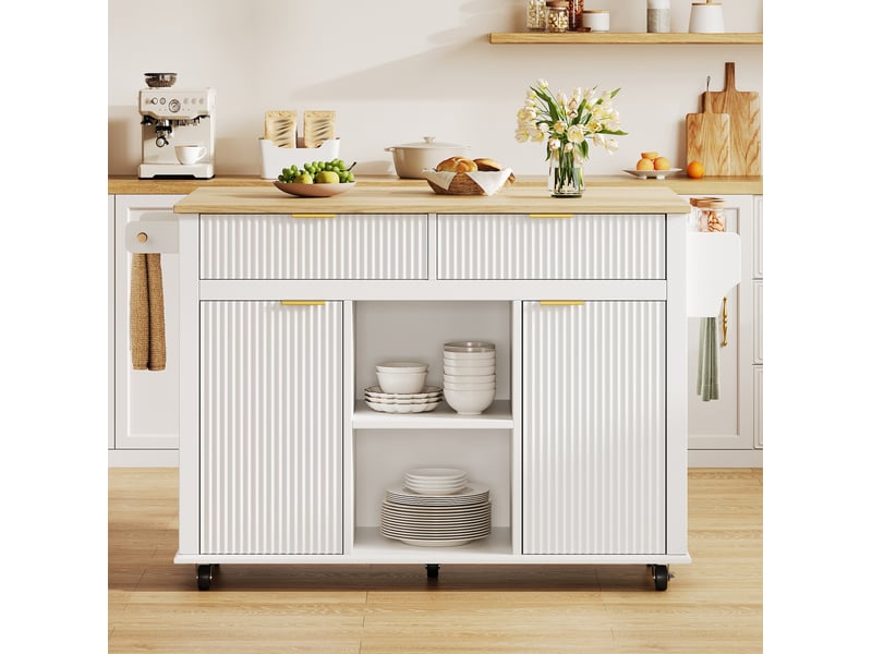  Desserte de cuisine 143 x 45 cm blanc et naturel en mdf, plan de travail rabattable sur roulettes  - Conforama B