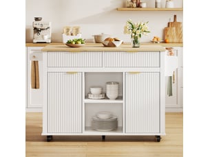 Desserte de cuisine 143 x 45 cm blanc et naturel en mdf, plan de travail rabattable sur roulettes