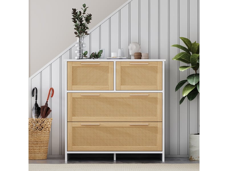  Commode 4 tiroirs, meuble en rotin haut de gamme, poignées en bois massif, l80 x h80 x p38 cm, couleur naturel et blanc  - Conforama D