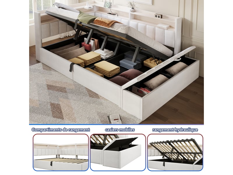 Lit coffre hydraulique 140x200 cm avec led, usb-a et usb-c, banc coffre et tête réversible, tissu lin beige, sans matelas - Conforama R