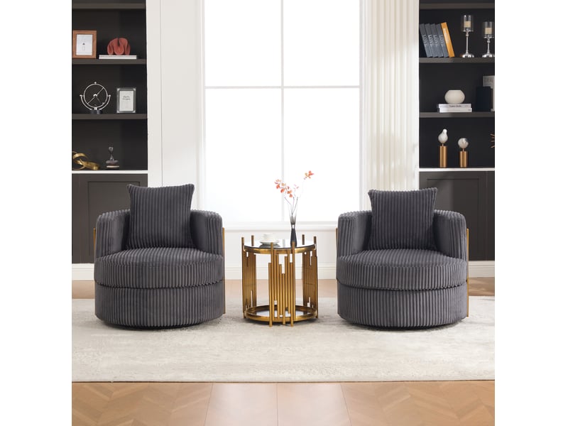 Fauteuil pivotant 360° avec rangement sous l’assise et accoudoirs rembourrés en velours côtelé gris, 76 × 79 × 78 cm - Conforama B
