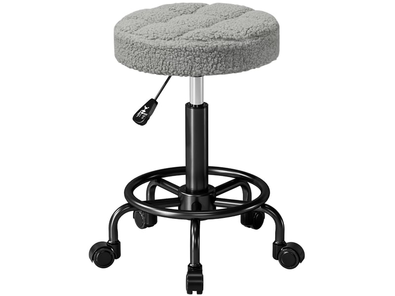  Tabouret pivotant rond avec roulettes et hauteur réglable de 50 à 66 cm avec assise en tissu effet mouton gris  - Conforama A
