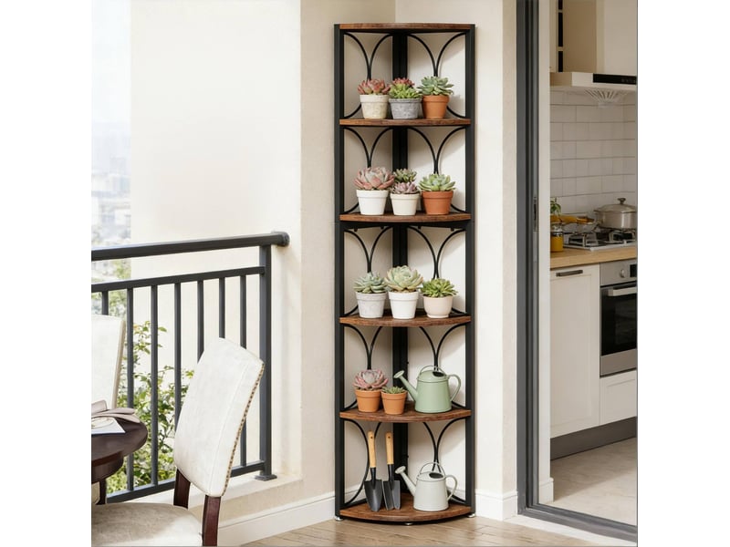  Étagère d'angle multifonction 6 niveaux 107 cm noir et brun rustique en métal et bois, gain de place  - Conforama B