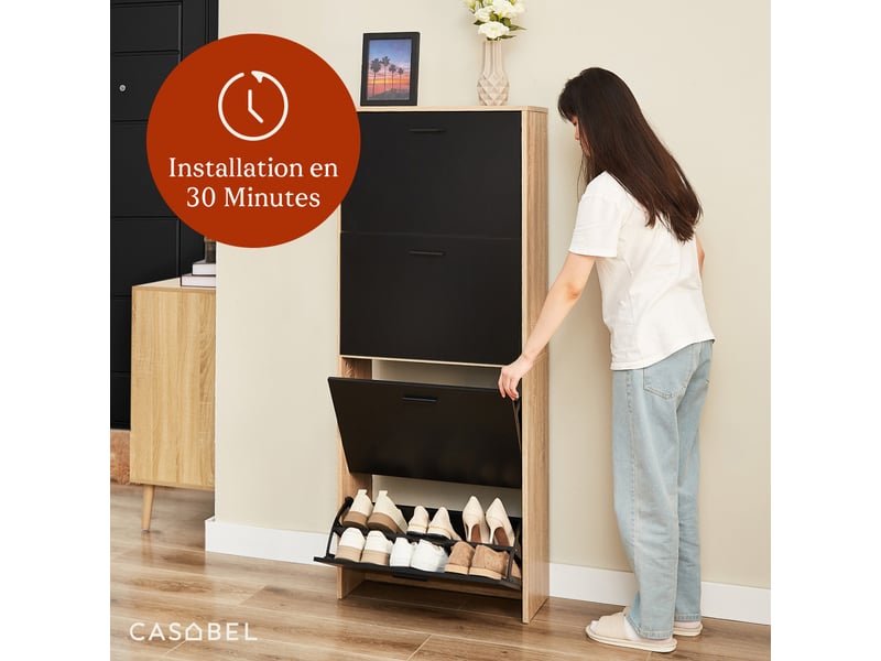  Casabel meuble à chaussures 24 paires, étagères ajustables, gain de place, portes noires et cadre bois clair 24 Paires Noir Bois Clair - Conforama E
