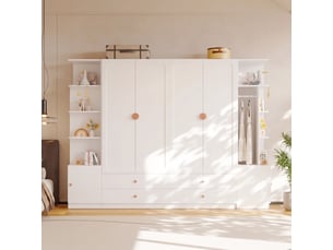 Armoire 6 portes 270 x 45 x 200 cm, portes battantes, 4 tringles à vêtements, 4 tiroirs, grand espace de rangement, blanc