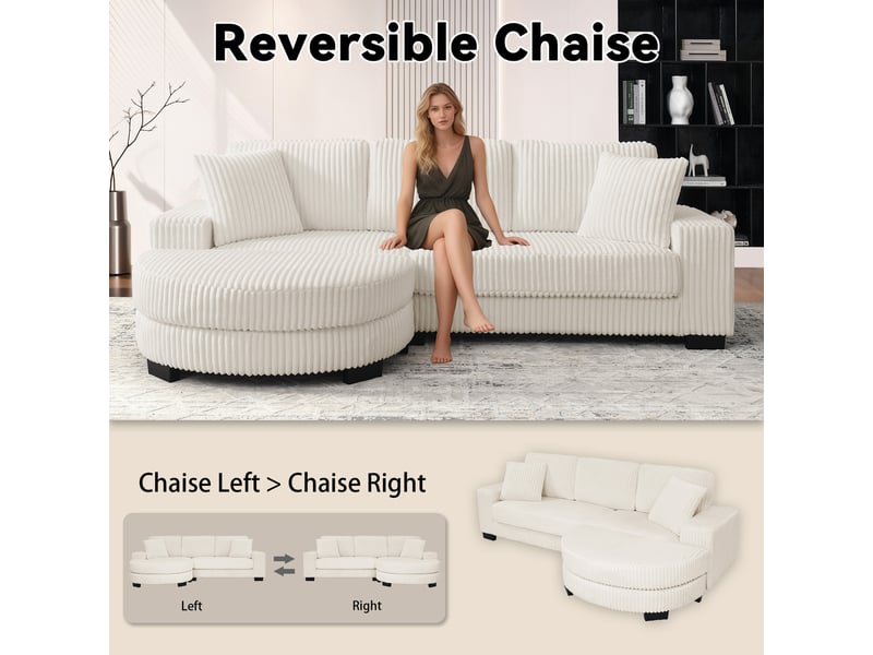  Canapé d'angle, canapé modulable, 4 places, en velours tricoté, beige, 2 coussins inclus, 256,5 x 133,5 x 89 cm, avec pouf  - Conforama R