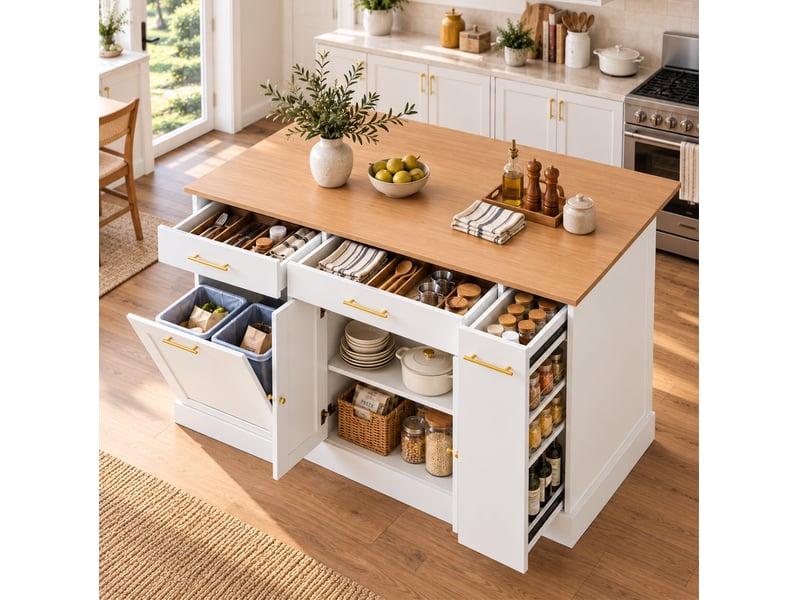  Desserte de cuisine avec plateau rabattable, 3 tiroirs, meuble à déchets et étagère coulissante, 120 × 70 × 91,5 cm  - Conforama D
