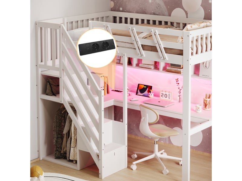  Lit en bois massif 90x200cm avec port usb et éclairage led, lit enfant avec bureau, cadre de lit adulte, lit simple rembourré, blanc  - Conforama C