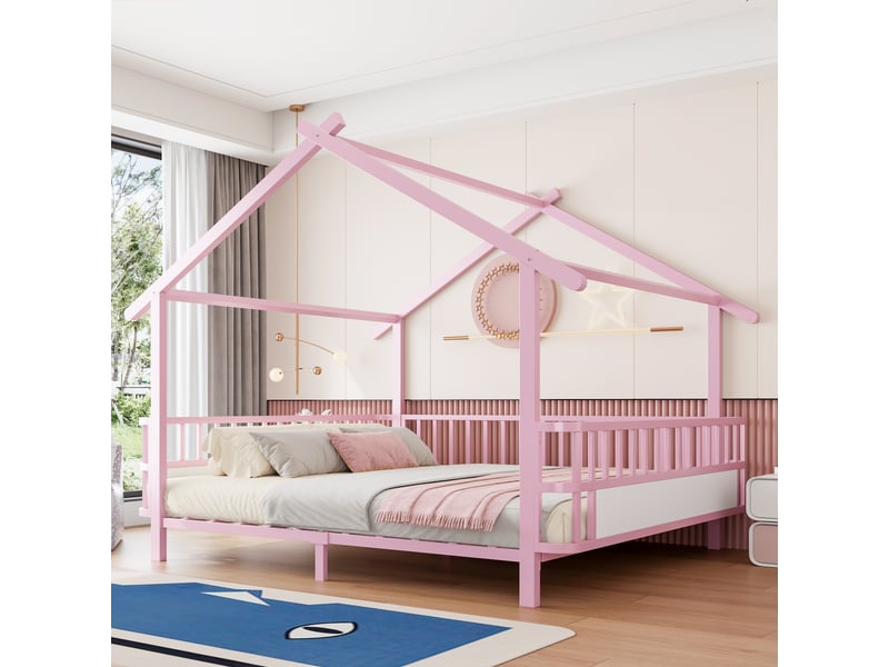  Lit cabane enfant 140x200 cm, structure maison en métal, barrières de sécurité, design toit, cadre personnalisable, rose OMNIGLINT TRADING LTD - Conforama E