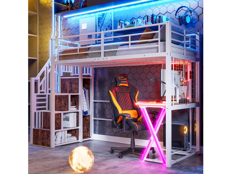  Lit mezzanine 90x200 cm avec bureau, armoire, rangements et led blanc  - Conforama E