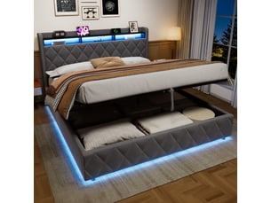 Lit coffre 180x200 avec éclairage led et prise électrique, lit pour adolescents avec étagères ouvertes et coffre de rangement, grise, sans matelas