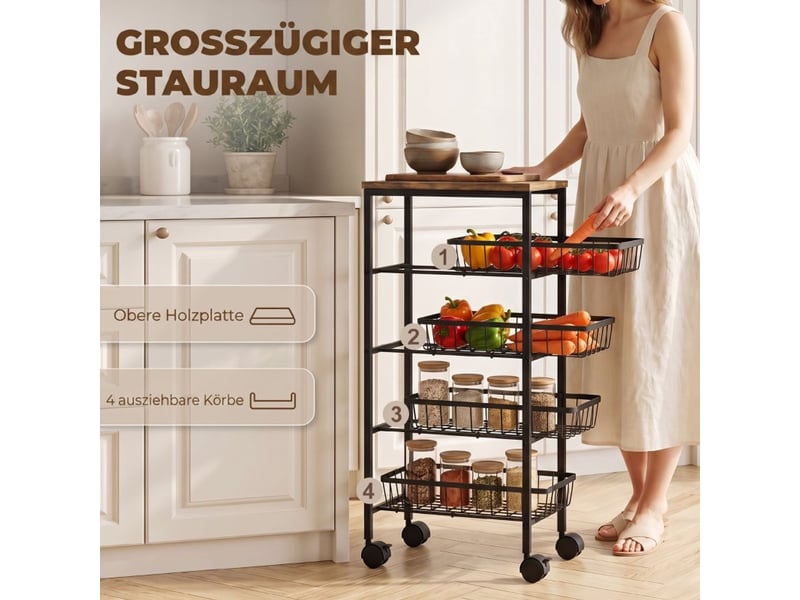 Desserte de cuisine 4 niveaux chariot de cuisine à paniers coulissants rangement intégré sur roulettes meuble de cuisine - Conforama E