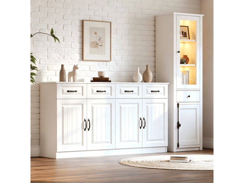  Ensemble buffet et vitrine avec rangement led pour salon en mdf 160×35×80 et 55×40×200 cm blanc  - Conforama C