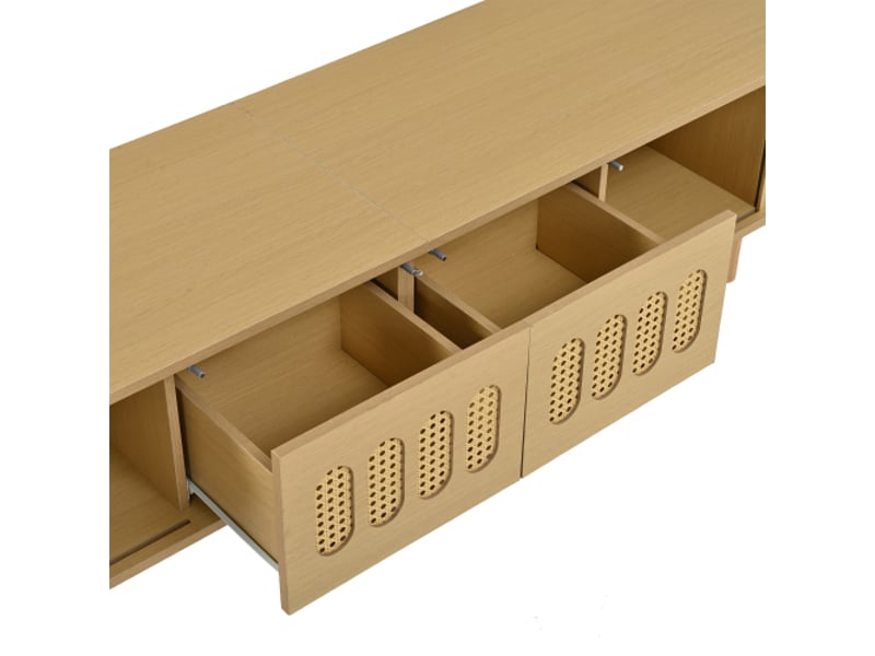  Meuble tv bas ovale avec portes coulissantes et rotin, mdf, 180 × 40 × 40 cm, bois naturel  - Conforama E