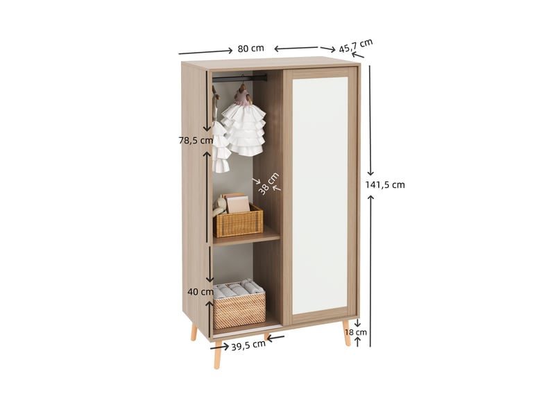  Armoire à portes coulissantes enfant 80 x 46 x 141,5 cm blanc bois naturel deux penderies pieds massif  - Conforama C
