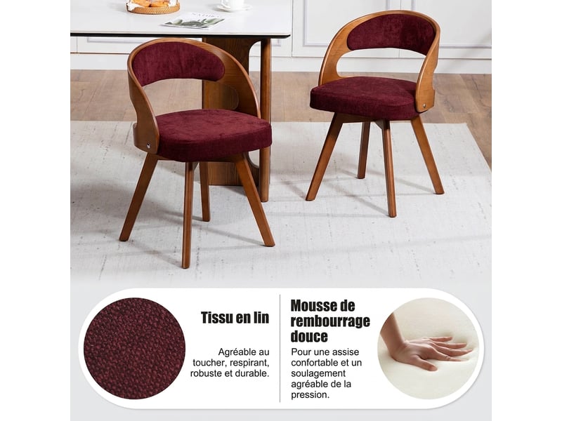 Lot de 2 chaises de salle à manger pivotantes en lin rouge vin avec pieds en bois massif - Conforama R
