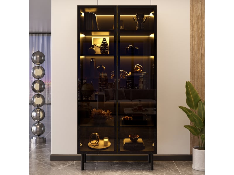  Vitrine de salon avec éclairage led app - armoire d'affichage moderne avec portes vitrées, 2 tiroirs et étagères intérieures  - Conforama D