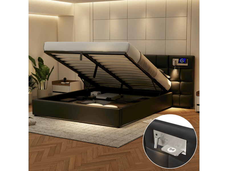 Lit coffre 180x200 double capitonné noir avec rangement hydraulique port usb chargeur sans fil et éclairage - Conforama C