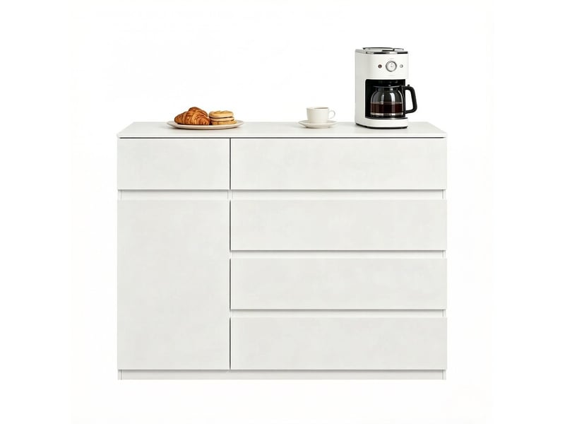  Commode à 5 tiroirs et 1 porte, 100 x 40 x 80 cm, étagère réglable et façades sans poignées, blanc  - Conforama A