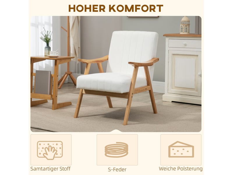  Fauteuil lounge 68x74x82 cm, revêtement en velours de couleur blanc crème, design moderne, canapé une place, scandinave  - Conforama D