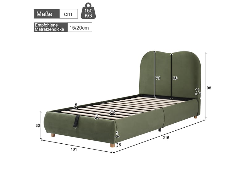  Lit coffre enfant, lit simple rembourré, 90x200 cm, coffre hydraulique, sommier à lattes, tête capitonnée, velours vert  - Conforama C