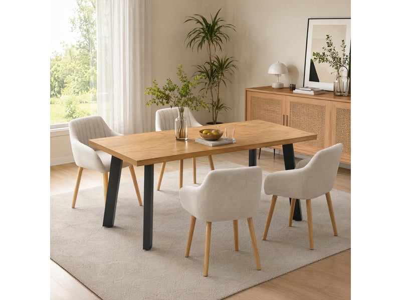  Ensemble table et 4 chaises - table rectangulaire 160x80 cm monobloc en chêne sauvage et pieds métal, 4 chaises en tissu beige et pieds bois  - Conforama B