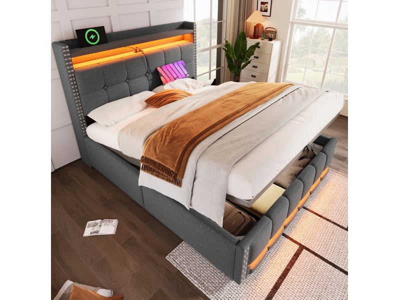  Lit coffre 160 x 200 cm gris en tissu de lin avec led et prise usb  - Conforama C