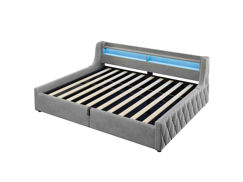  Lit rembourré 140x200 cm, coloris gris, rangement hydraulique et led, livré sans matelas.  - Conforama A
