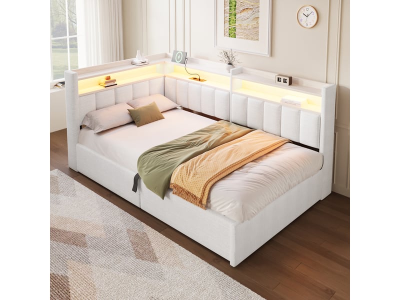  Lit coffre hydraulique 90x200 cm avec led, usb-a et usb-c et tête réversible, velours crème, sans matelas  - Conforama R