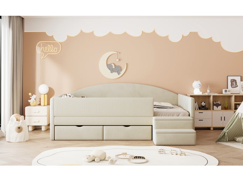 Lit coffre capitonné 90x190 cm beige velours avec deux tiroirs et barrières de sécurité sans matelas Sol Morn - Conforama E