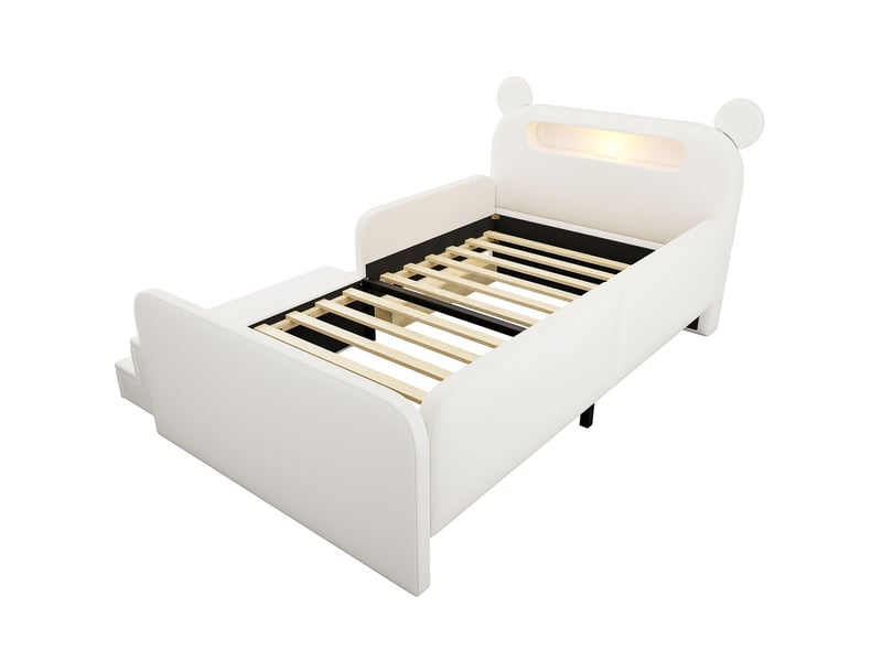  Lit rangement 90 x 200 cm veilleuse intégrée lit 1 place rangement intégré tête de lit en forme d’ours port usb de recharge assise marche revêtement en similicuir coloris blanc structure rembourrée conception sûre et pratique  - Conforama A