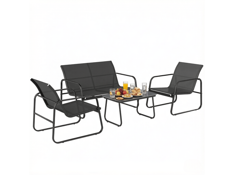  Salon de jardin,4 pièces avec table basse en verre,acier,noir et gris  - Conforama A