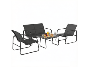 Salon de jardin,4 pièces avec table basse en verre,acier,noir et gris
